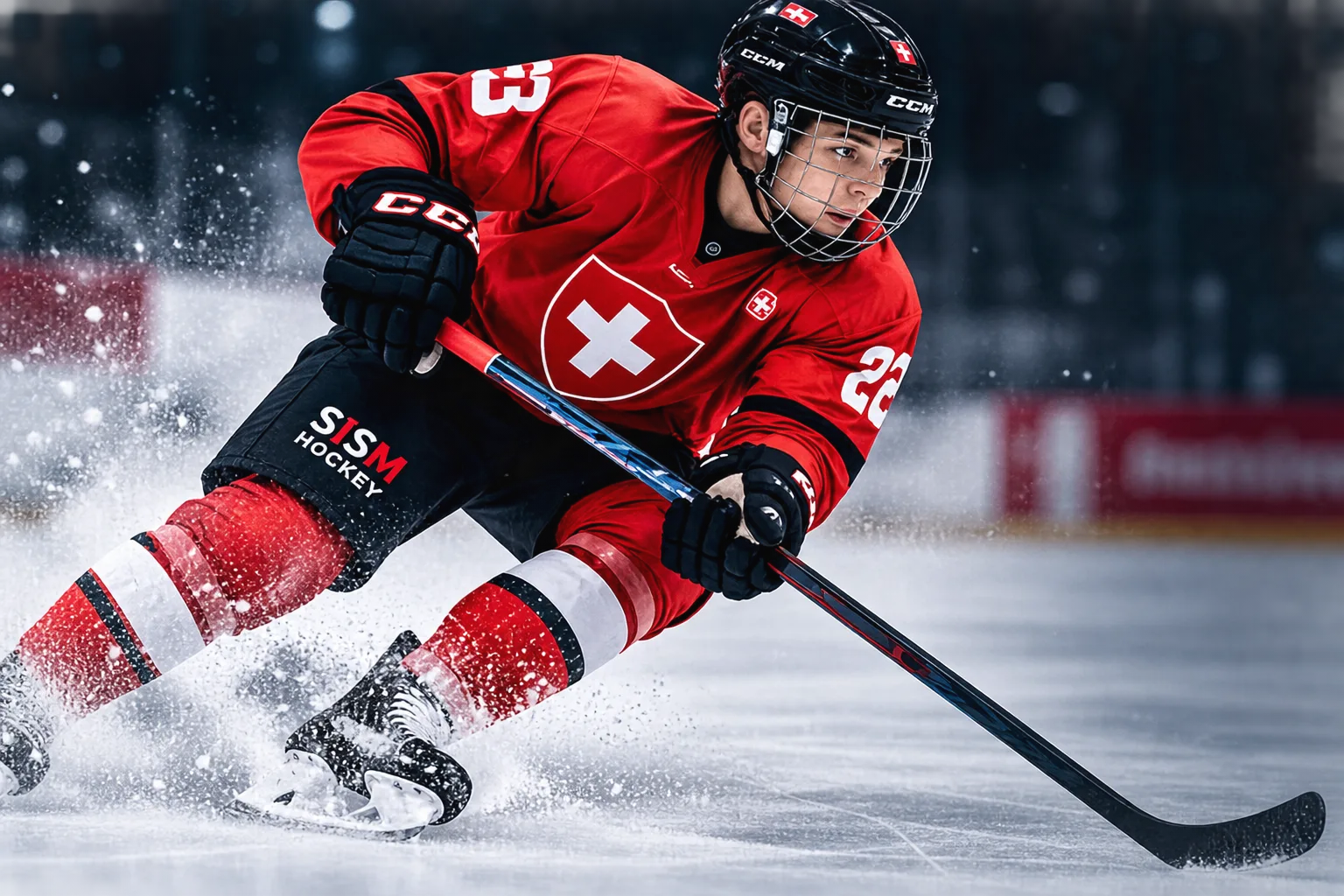 Eishockeyspieler im Schweizer Trikot